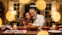 African American grandfather and grandson celebrating birthday with cake and balloons in warm decorated dining room during family gathering.