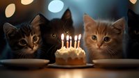 Three curious kittens gather around small birthday cake with lit candles against dark background with bokeh lights, creating magical celebratory moment for pets.