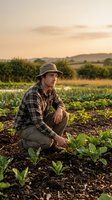 Male farmer in plaid shirt and hat crouching in vegetable field at sunset, inspecting crops. Agricultural professional in rural landscape for farming, agriculture, and sustainable food production.