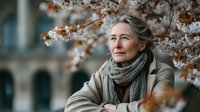 Elegant senior woman with gray hair and scarf enjoying peaceful moment outdoors among autumn cherry blossoms, representing aging gracefully and mindful living.