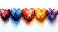 Watercolor hearts in rainbow colors lined up horizontally with soft dripping paint effect, expressing love and diversity. Artistic Valentine's Day or romantic design element.