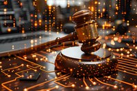 Wooden judge gavel on digital circuit board with glowing orange binary code background, representing cyber law, digital justice and technology regulation concept for legal tech designs.
