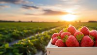 Fresh ripe strawberries in wooden crate at sunset over agricultural field rows. Organic berry harvest concept for healthy eating and farming.