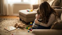 Stressed young mother sitting on couch holding baby while toddler plays with colorful toys scattered on living room floor during daytime.
