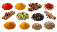 Colorful spices and herbs collection isolated on white background featuring paprika, turmeric, star anise, saffron, cinnamon, cardamom, peppercorns.