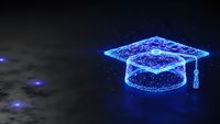 Digital graduation cap made of glowing blue particles and light effects on dark background for education technology concepts.