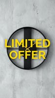 Limited offer text on a minimalist black clock against a concrete wall, bold yellow typography for sale promotions and marketing campaigns.