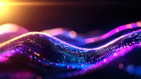 Abstract digital wave of glowing particles with pink, purple and blue colors flowing on dark background, creating dynamic light motion effect.