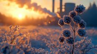 Frost covered wildflowers silhouetted against golden winter sunrise, creating magical morning atmosphere with bokeh light effects and frozen crystals in nature.