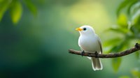 White tropical bird perched on thin branch against soft green bokeh background, displaying peaceful natural moment in wildlife photography.