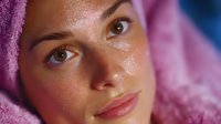 Young woman with glowing dewy skin wrapped in pink towel after spa treatment, close up portrait with natural makeup and fresh complexion in soft lighting.