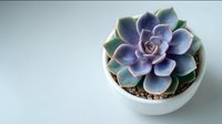 Purple and blue echeveria succulent plant in white ceramic pot against minimalist background, perfect for home decor and gardening concepts.