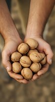 Man holding handful of walnuts in shell, displaying fresh nuts for healthy snacking, cooking ingredient, or agricultural harvest concept for food and nutrition content.