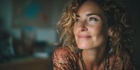 Caucasian woman with curly blonde hair smiling and looking up thoughtfully in warm indoor lighting, wearing patterned top, conveying hope and positivity.