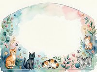 Watercolor cat frame with floral elements, paw prints, and cute kittens, featuring a blank center space for text or design.