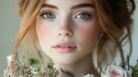 Young woman with natural makeup, strawberry blonde hair and blue eyes surrounded by delicate spring flowers in soft dreamy lighting, expressing gentle beauty and romance.