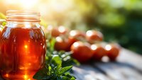Glass jar filled with golden honey glowing in sunlight, fresh tomatoes and herbs on rustic wooden surface, soft bokeh background creates warm summer mood.
