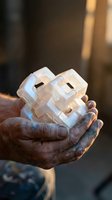 Hand holding translucent geometric puzzle cube with square cutouts, isolated against blurred background. Suitable for innovation, problem-solving, and technology concepts.