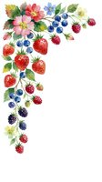 Watercolor corner border arrangement featuring strawberries, raspberries, blueberries, blackberries, and delicate pink flowers with green foliage on white background for invitations and designs.