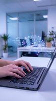 Digital brain hologram floating above laptop with hands typing in modern office workspace representing artificial intelligence and machine learning technology.
