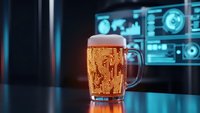 Beer mug with glowing circuit board pattern in futuristic tech laboratory setting with holographic displays and blue ambient lighting for digital concepts.