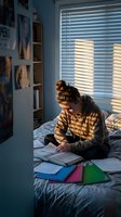 Young woman student studying with books on bed in cozy bedroom with natural sunlight streaming through window blinds creating warm atmosphere.