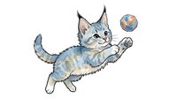 Playful tabby kitten with blue-gray striped fur leaping and batting at a colorful ball, isolated on white background for design projects.