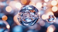 Crystal glass sphere reflecting warm bokeh lights against blurred background with magical glowing orbs creating dreamy atmospheric composition.