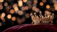Golden royal crown with precious stones and gems on burgundy velvet cushion against blurred warm bokeh lights background, luxury monarchy symbol.