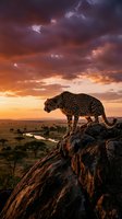 Spotted leopard standing on rocky outcrop at sunset over savanna landscape with dramatic storm clouds and golden light.