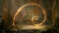 Golden ratio spiral glowing with warm light in mystical forest setting with mathematical proportions and sacred geometry elements for educational content.