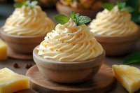 Creamy pineapple mousse served in ceramic bowls, topped with whipped cream swirls and fresh mint leaves, surrounded by fresh pineapple slices on wooden board.
