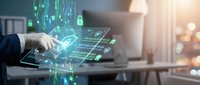 Professional using tablet with holographic cybersecurity interface displaying digital locks and security icons in modern office environment.