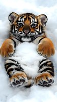 Adorable tiger cub lying in snow with paws outstretched, showing striped orange and black fur pattern, bright blue eyes and expressive face against white winter background.