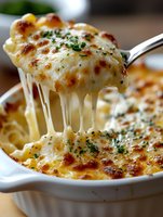 Creamy baked macaroni and cheese with stretchy melted mozzarella being lifted by spoon, garnished with fresh herbs, golden brown crust in white ceramic dish.