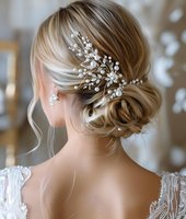 Elegant bridal updo hairstyle with pearl and crystal hair accessories, blonde hair gathered in low bun with loose strands, wearing white lace wedding dress.