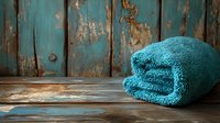 Rolled teal towel on rustic wooden surface against weathered turquoise wooden wall background, creating spa-like atmosphere with vintage charm and texture.