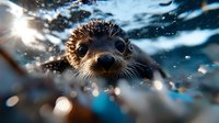 Curious river otter peeks above water surface with glistening water drops and bokeh effects creating magical atmosphere in natural blue environment.
