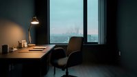 Modern office workspace with wooden desk, ergonomic chair, and desk lamp overlooking city skyline through floor-to-ceiling windows at dusk for corporate and professional environments.