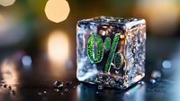 Glowing green OK text frozen inside crystal clear ice cube with water drops and bokeh lights on dark background. Suitable for creative design projects.