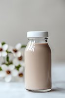 Fresh chocolate milk in glass bottle with white cap against light background, white spring flowers creating soft bokeh effect. Minimalist food photography.