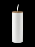 White skinny tumbler with bamboo lid and metal straw, isolated on transparent background. Ready for sublimation, print on demand, and T-shirt design use.