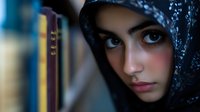 Young Middle Eastern woman wearing traditional patterned hijab gazes intensely at camera with striking blue eyes against blurred bookshelf background.