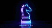 Neon chess knight piece glowing in blue and purple light on dark background for gaming and strategy concepts.