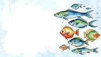 Colorful school of fish swimming together on light watercolor background with copy space for marine life and aquatic themed designs.