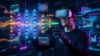 Young man wearing VR headset exploring futuristic digital interface with holographic data visualization and neon analytics displays in cyberpunk environment.