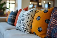 Colorful decorative throw pillows with geometric and dotted patterns arranged on modern sofa in bright living room interior for home decor inspiration.
