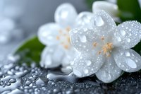 White jasmine flower with water drops on petals against dark background, macro photography showing delicate details and morning dew creating fresh spa atmosphere.