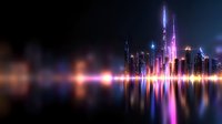 Vibrant city skyline reflecting on water with neon lights and glowing skyscrapers creating colorful mirror effect against dark night sky, modern urban landscape.