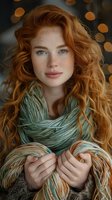 Young woman with natural red curly hair and freckles wearing mint green knitted scarf holds yarn skeins against blurred bokeh background. Soft autumn portrait.